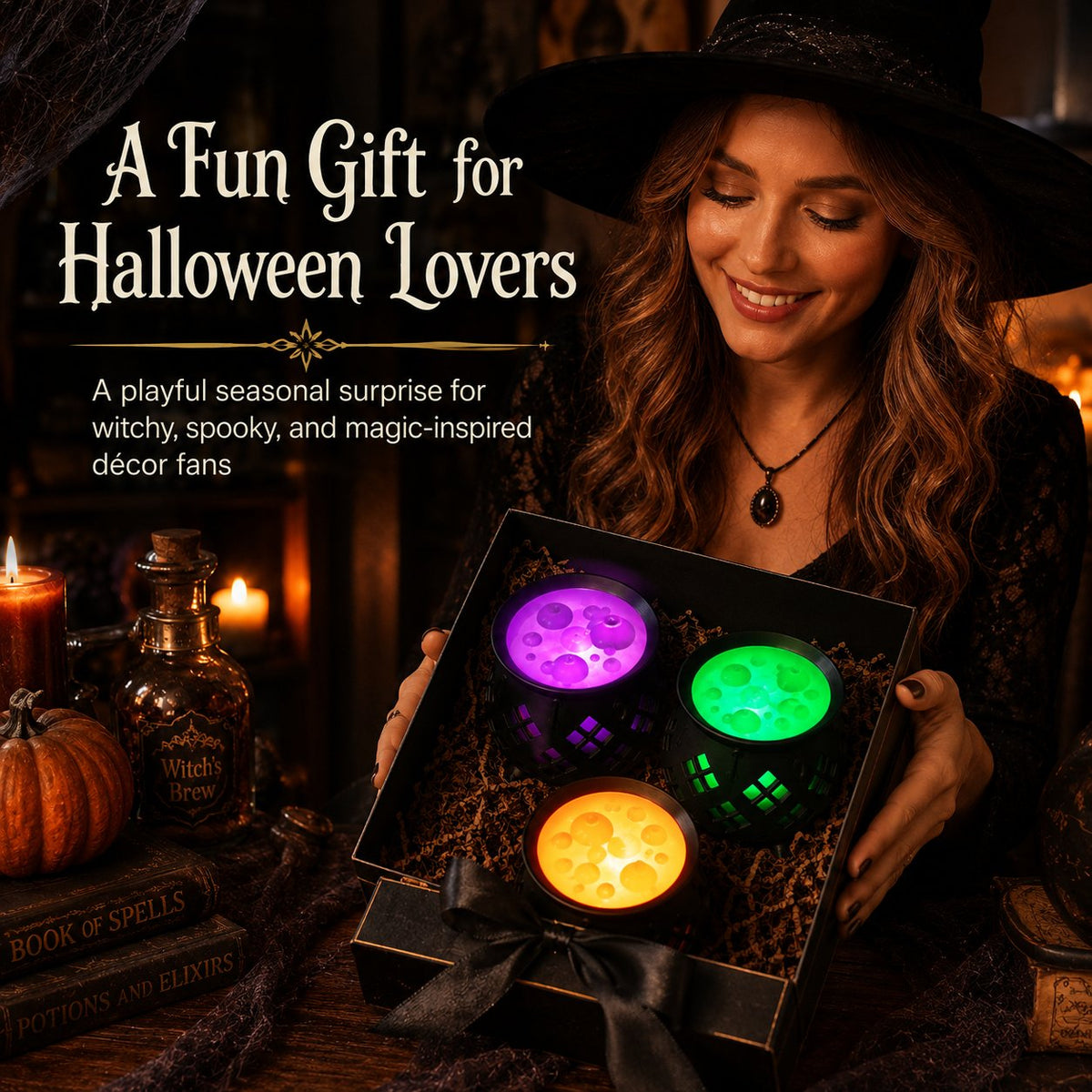 ⏳ Last Day 49% OFF – 🧙♀️ Glowing Witch’s Brew Cauldron Halloween Decor | Translucent Bubbling Potion Top with Flameless LED Tea Light Glow Effect ✨