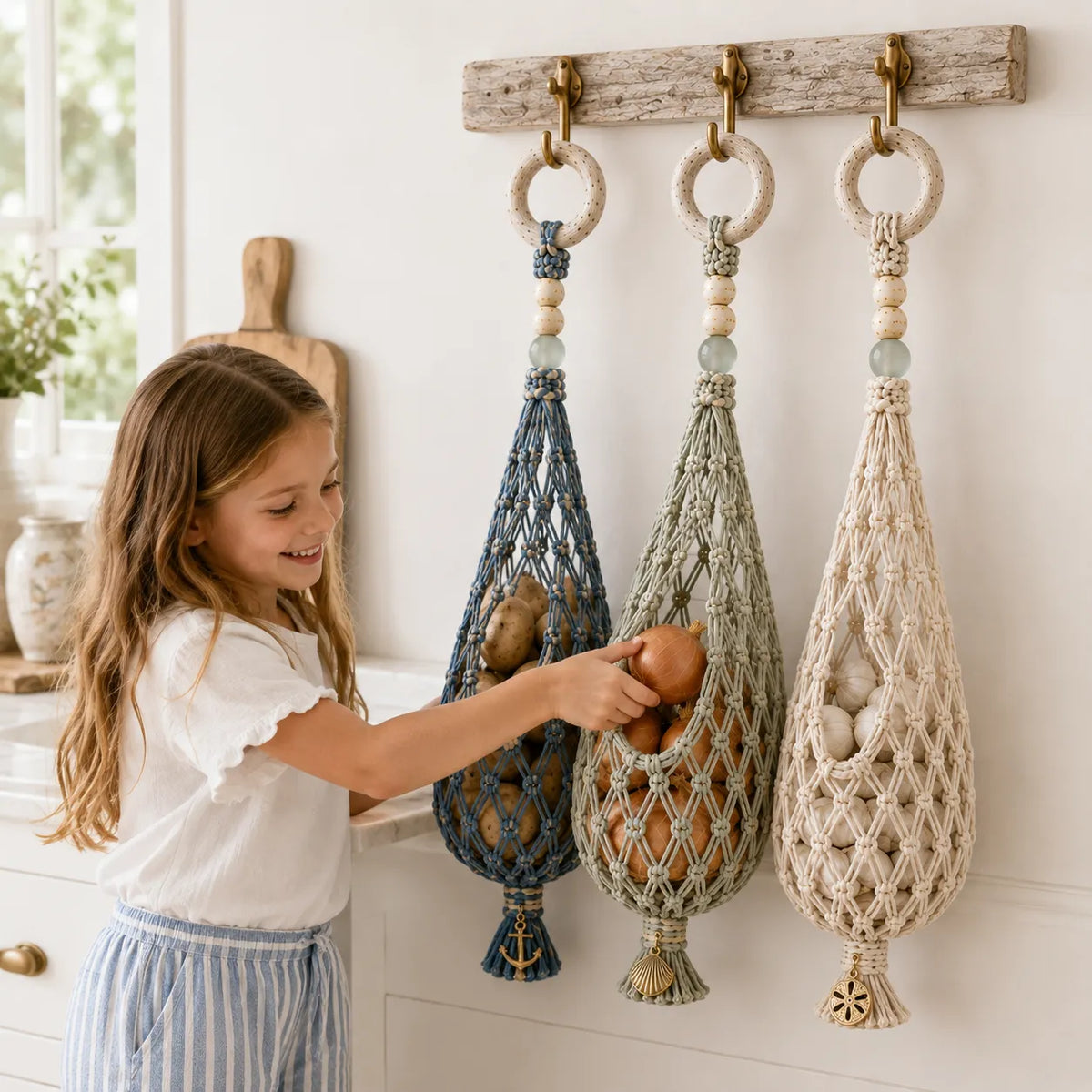 ๐ Coastal Hanging Produce Storage โ Handwoven Breathable Organizer with Easy Side Access