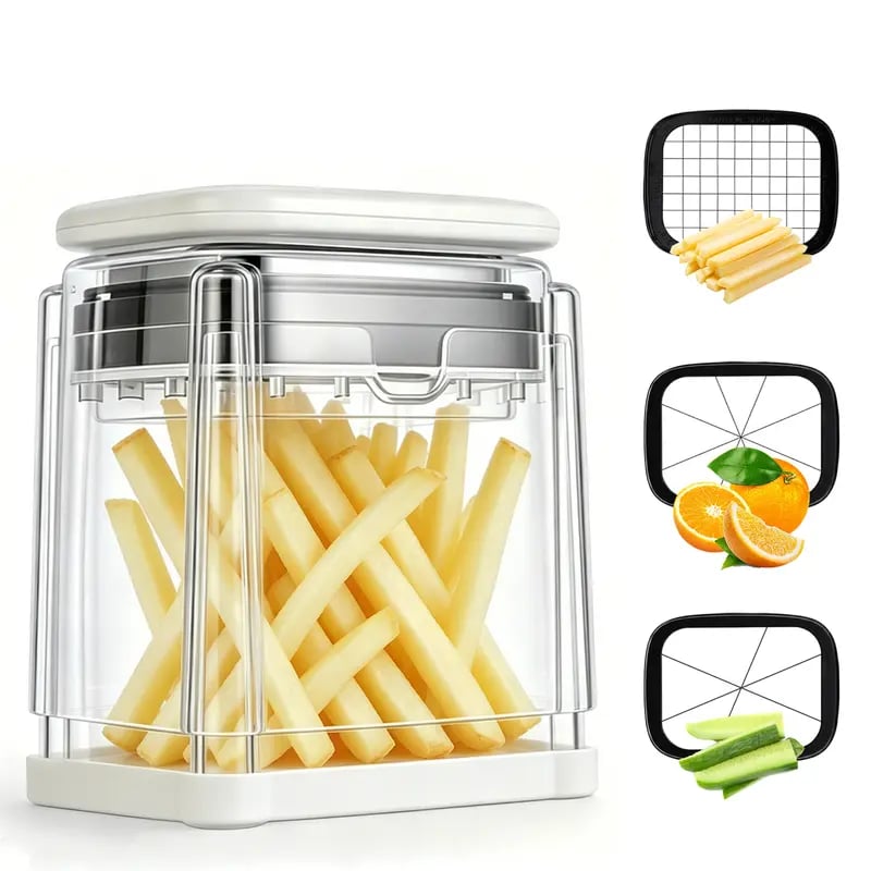 Fingersafe French Fry Cutter – Stainless Steel Potato Slicer with Detachable Interchangeable Blades