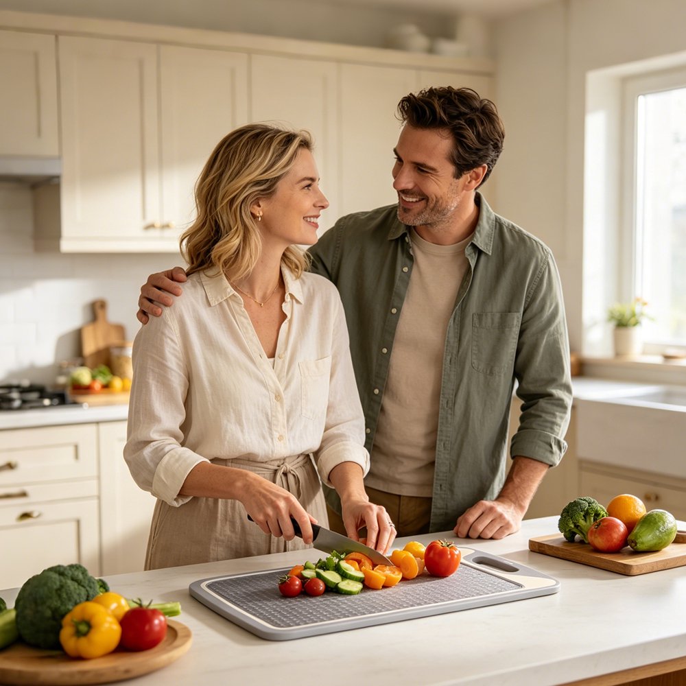 🧺Smart Dual Sided Kitchen Cutting Board | Non-Slip Silicone Edge | Built-in Whetstone & Grinding Area | Juice Groove, Odor & Stain Resistant