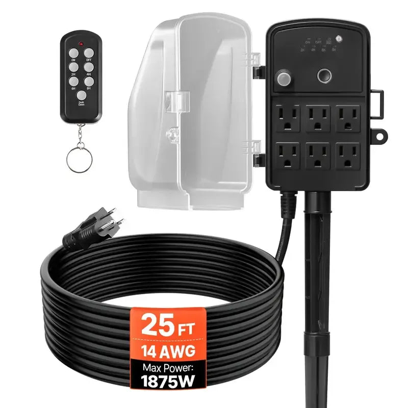 Outdoor Power Stake with 25FT Extension Cord โ Weatherproof Outlet Strip with Protective Cover โ Remote Control & Dusk to Dawn Light Timer for Christmas Lights ๐กโจ