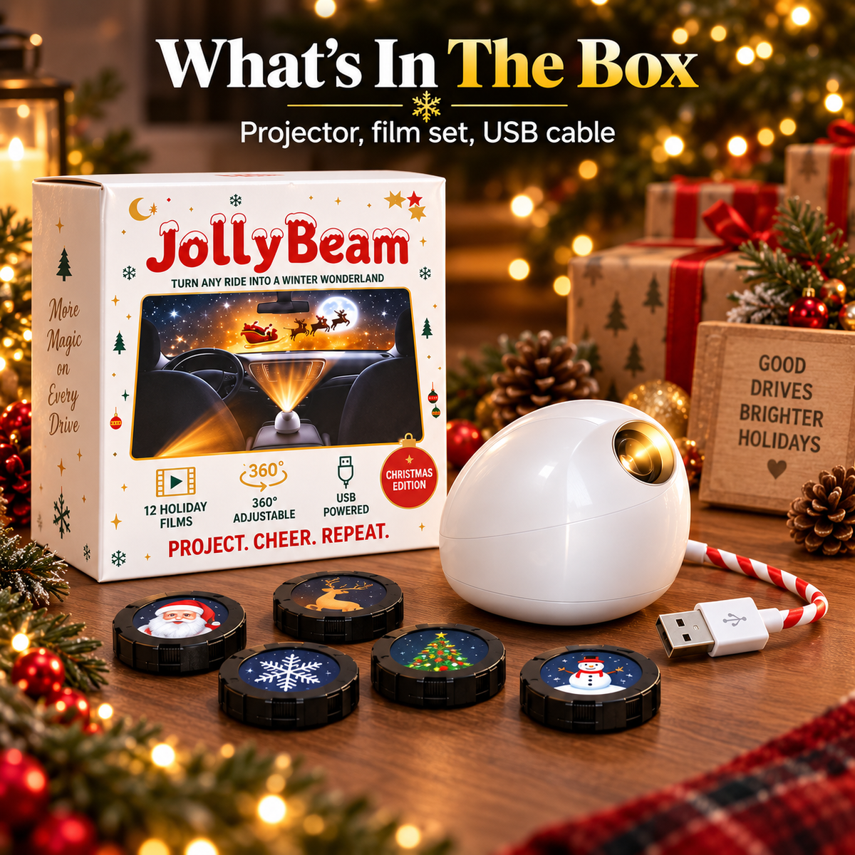 🎄 JollyBeam Car Window Projector ✨ 12 Holiday Films USB Christmas Car Decor