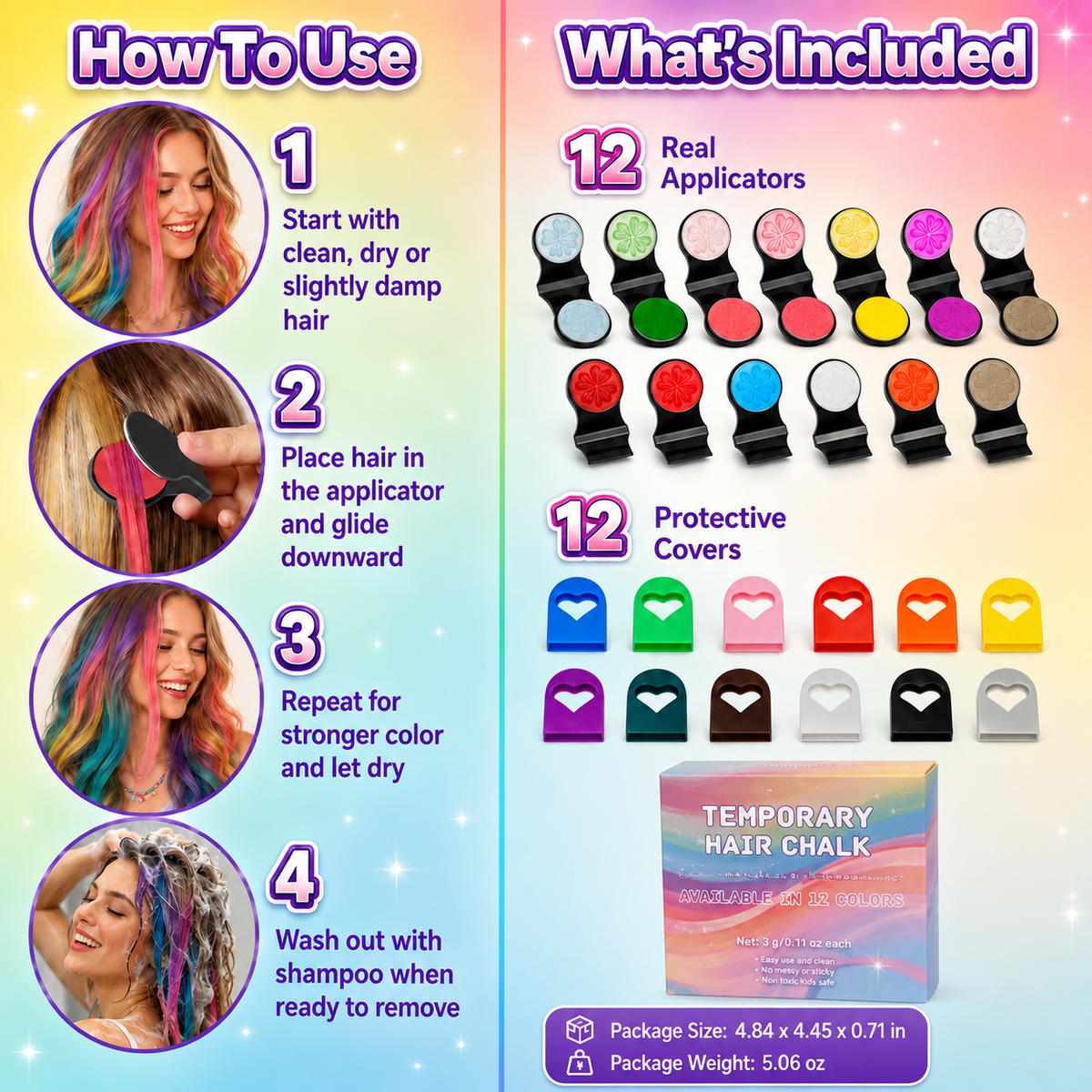 🔥🌈12-Color Temporary Hair Chalk Applicator Set |Vibrant Buildable Shades in Easy Clamp-On Applicators for Highlights, Streaks & Costume Looks ✨