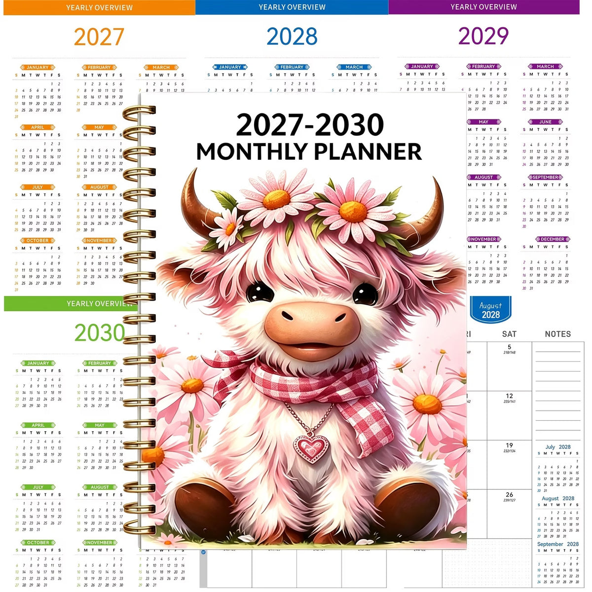 🐮 2026-2030 Calendar 📅 - From January 2026 to December 2030, 5-year calendar, cartoon Highland cow themed cover design, annual calendar planning, month labels, 60-month calendar