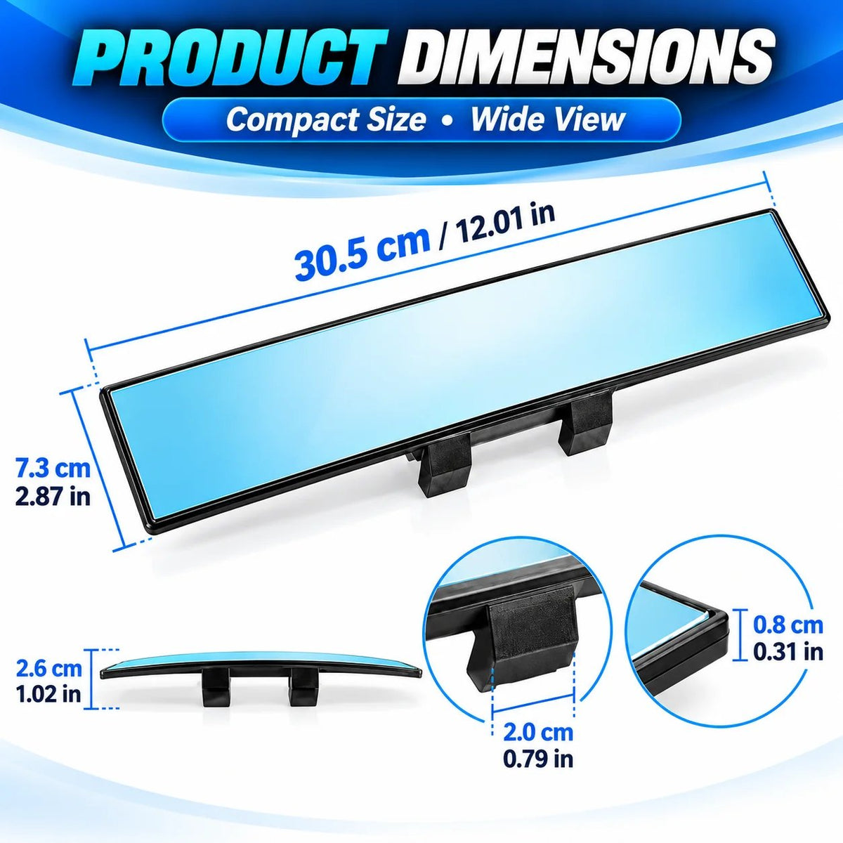 12-Inch HD Convex Panoramic Rearview Mirror – Clip-On Wide-Angle Car Mirror with Anti-Glare Glass & Anti-Slip Clips