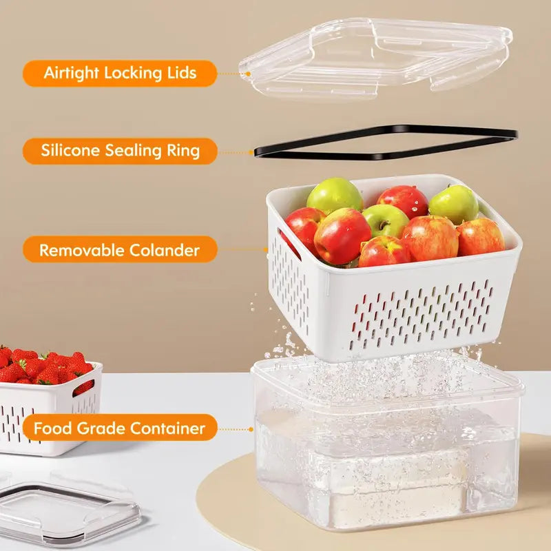 🥗 5-Pack Stackable Fridge Organizers with Removable Colanders – Keep Fruits & Veggies Fresh
