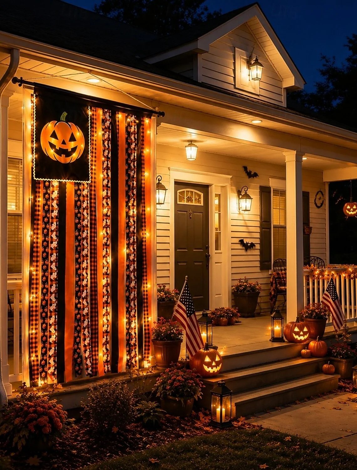 🎉Halloween Banner Flag Pre-Lit Pumpkin Fabric Ribbon Garland Streamers