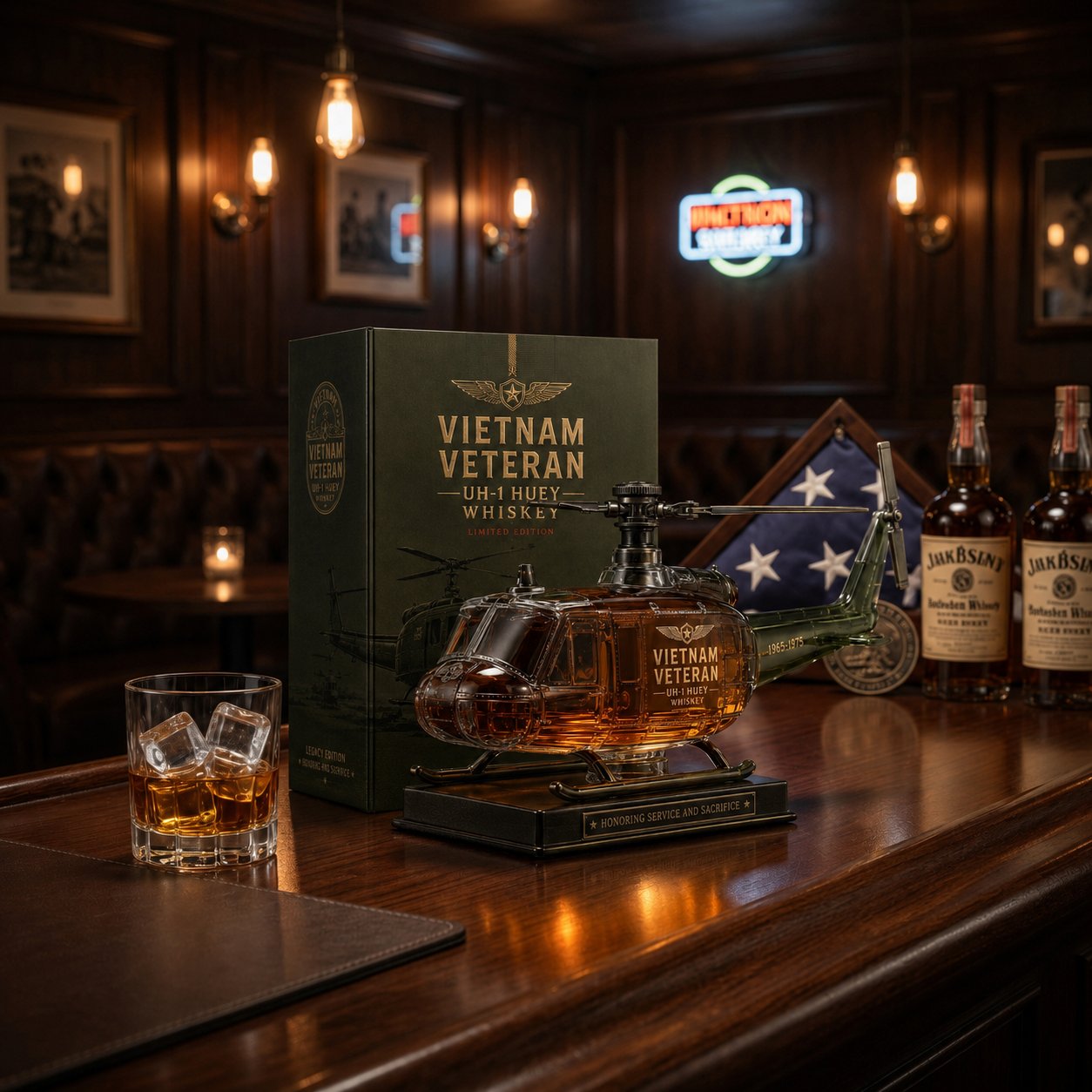 UH-1 Huey Helicopter Veteran Whiskey Decanter – Premium Vietnam Service Memorial Collectible