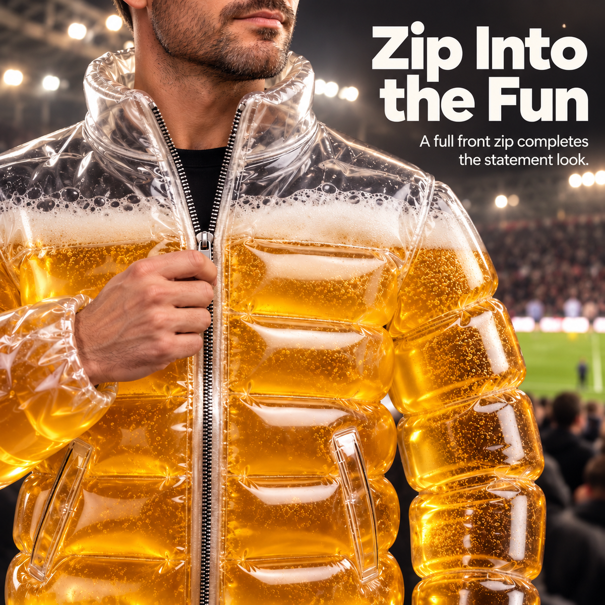 Men’s Fun Beer-Themed Inflatable Down Jacket – Costume for Parties and Carnivals, Transparent Version