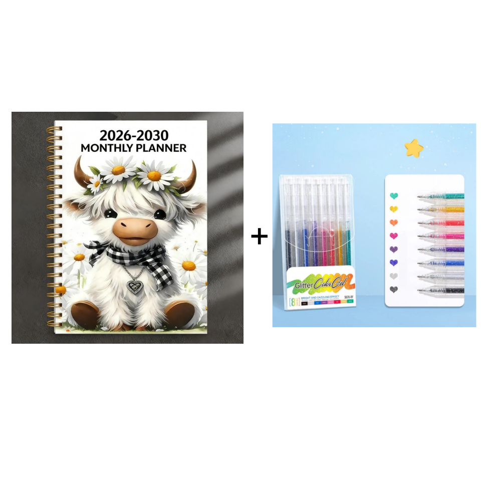 ๐ฎ 2026-2030 Calendar ๐
- From January 2026 to December 2030, 5-year calendar, cartoon Highland cow themed cover design, annual calendar planning, month labels, 60-month calendar