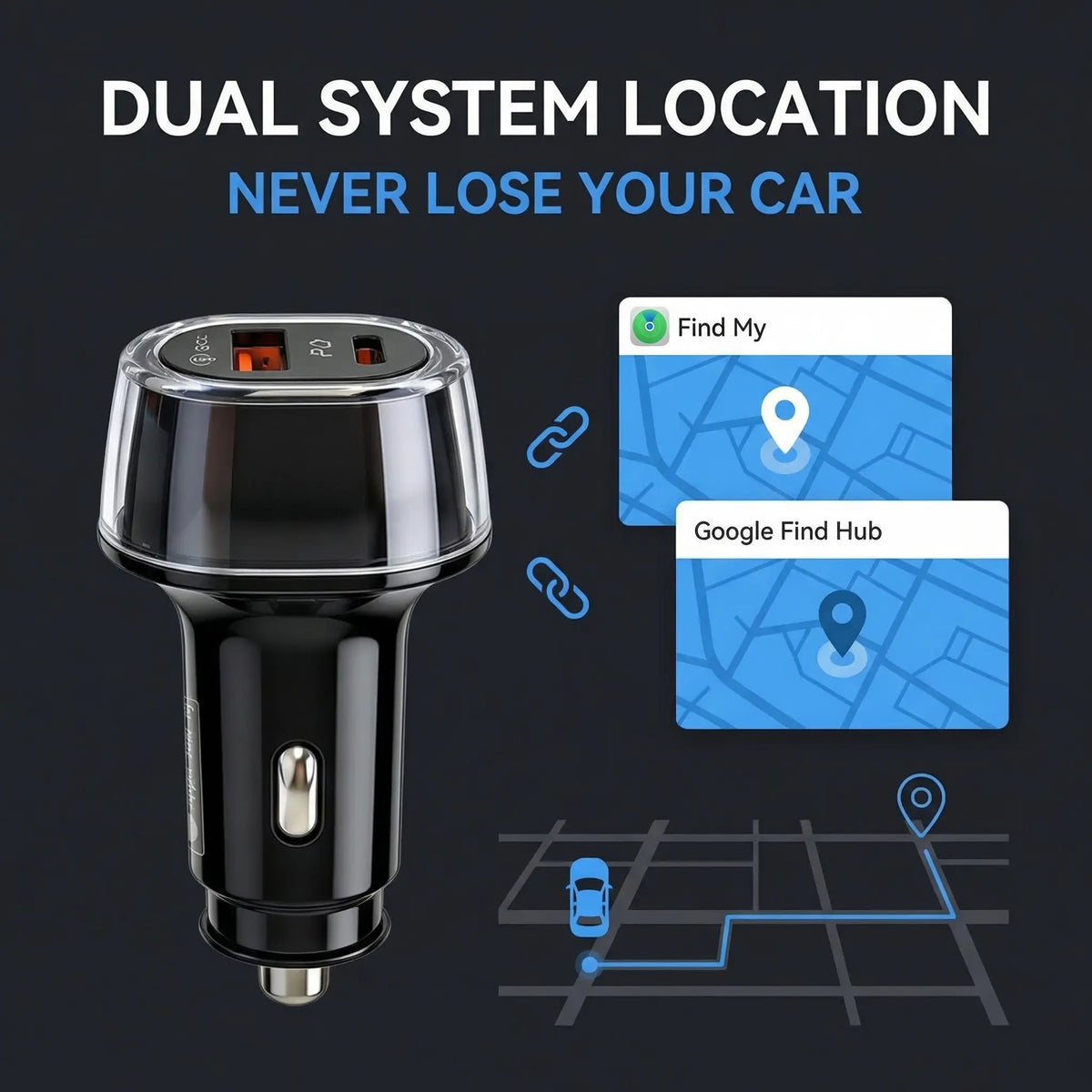 2-in-1 Compact Car Charger GPS Tracker Adapter - 30W Fast Charging USB-C Device, Anti-Lost for Parking Lot Find, Charger Compatible with iPhone+Android Use, Portable Slips Into Your Bag, Toolupgrade