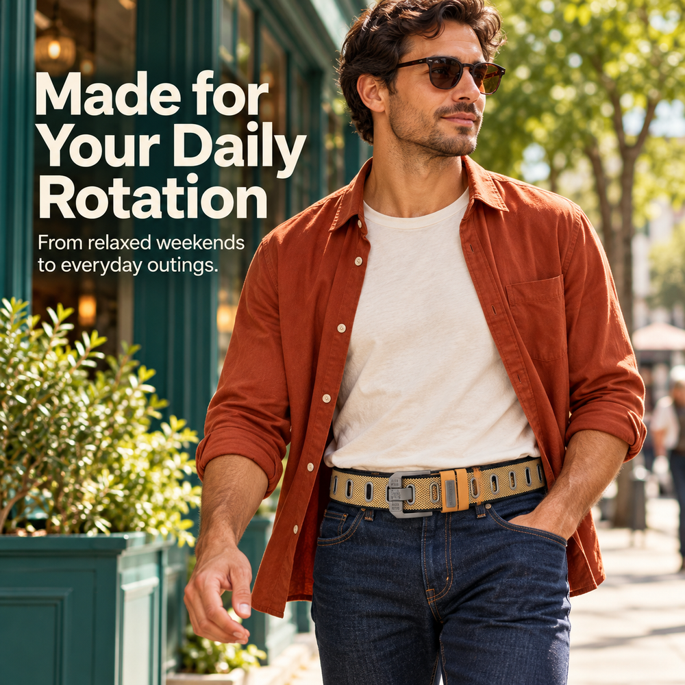Men's woven canvas belt styled with a casual everyday outfit