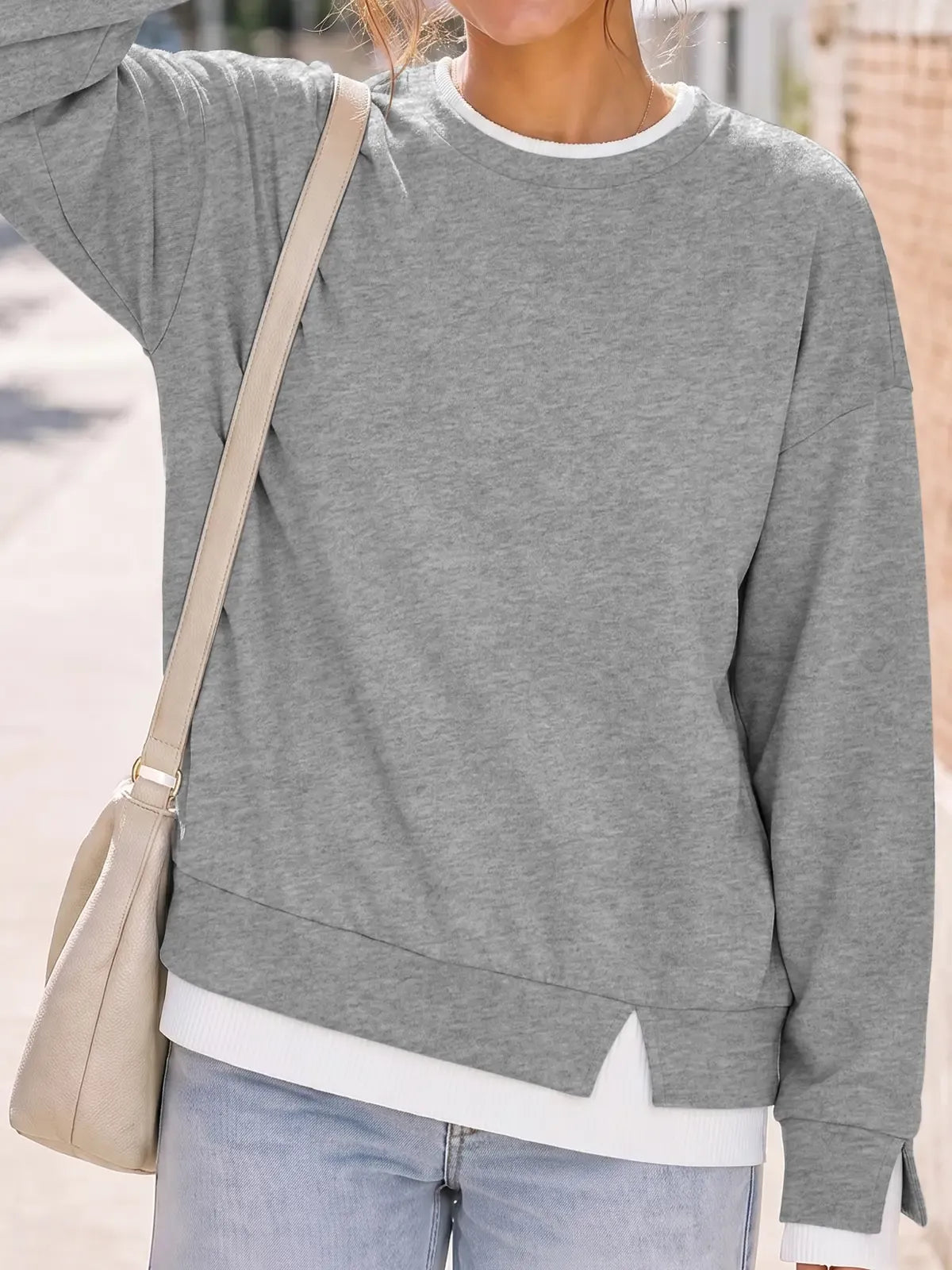 Women Crew Neck Fake Two Piece Striped Patchwork Drop Shoulder Oversized Sweatshirt