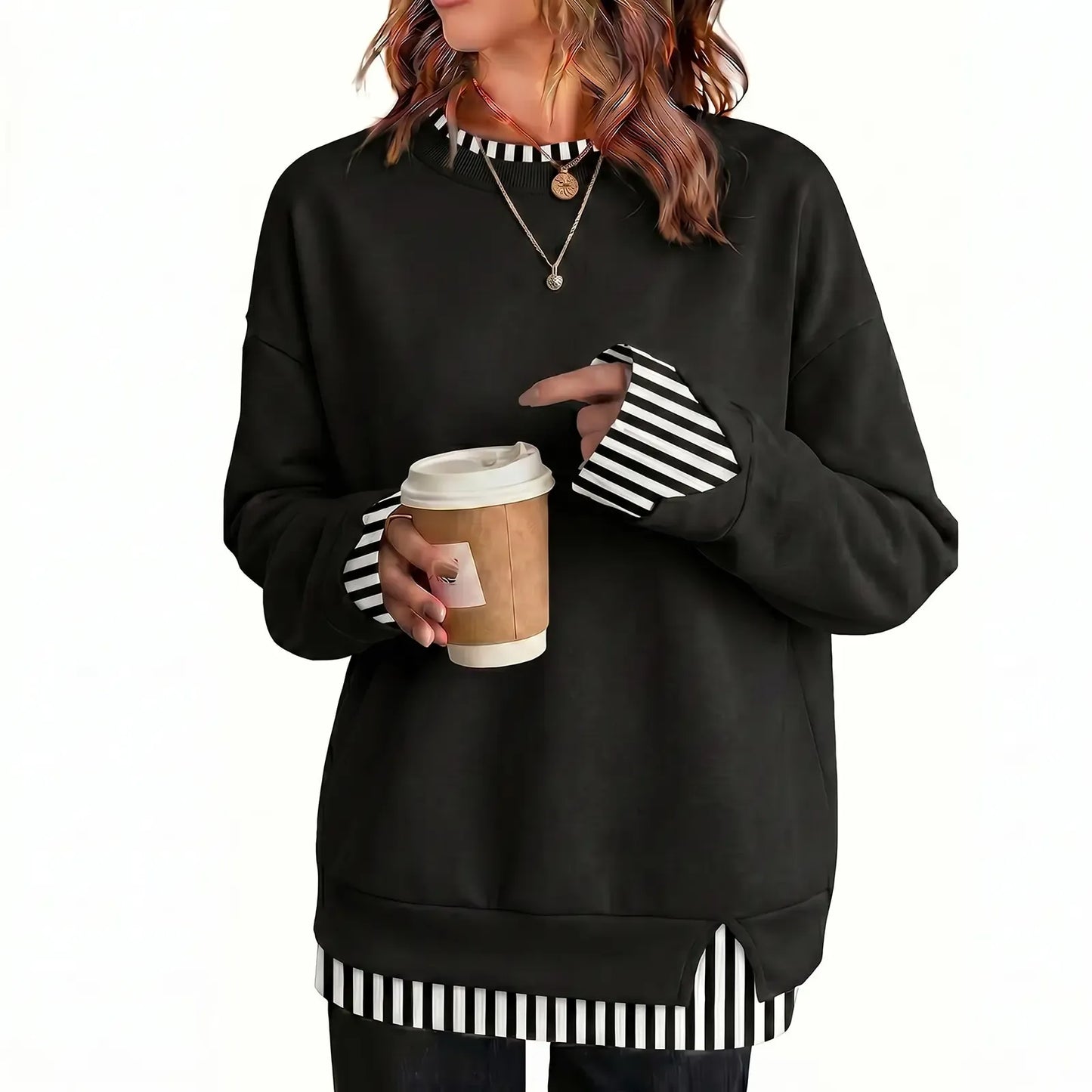 Women Crew Neck Fake Two Piece Striped Patchwork Drop Shoulder Oversized Sweatshirt