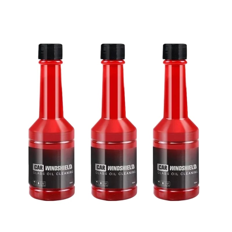 Three bottles of red car windshield oil film cleaner representing multiple unit purchases