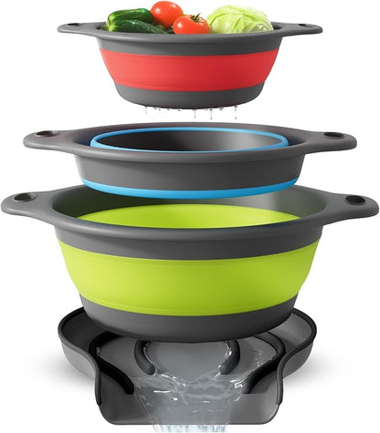 Collapsible Colanders 3-Pack Sturdy Kitchen Strainer Set, Compact with Over-Sink Self-Drainage Base
