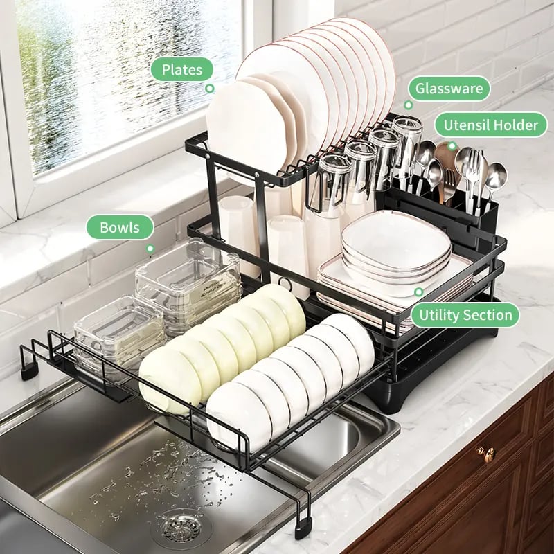 Foldable Over Sink Dish Drying Rack|Pull-Out 2-Tier Dish Drainer with Utensil Holder