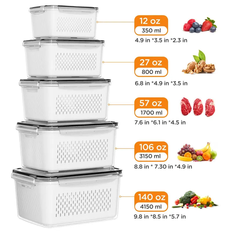Five fridge storage container sizes with capacities and dimensions