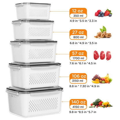 🥗 5-Pack Stackable Fridge Organizers with Removable Colanders – Keep Fruits & Veggies Fresh