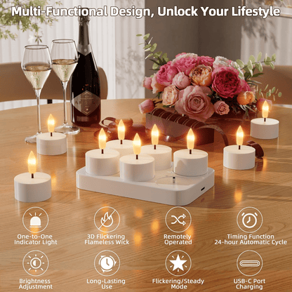 Rechargeable Flameless LED Tea Lights, Charging Station & Remote Included, Flickering Fake Candles, Safe No Flame Candle for Home, Wedding, Festival & Emergency Lighting