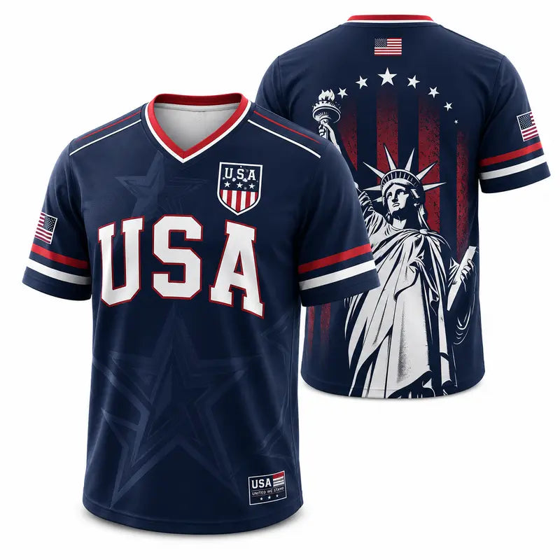 🇺🇸 USA Patriotic Soccer Jersey | American Flag & Statue of Liberty V-Neck Sports Tee 🗽⚽