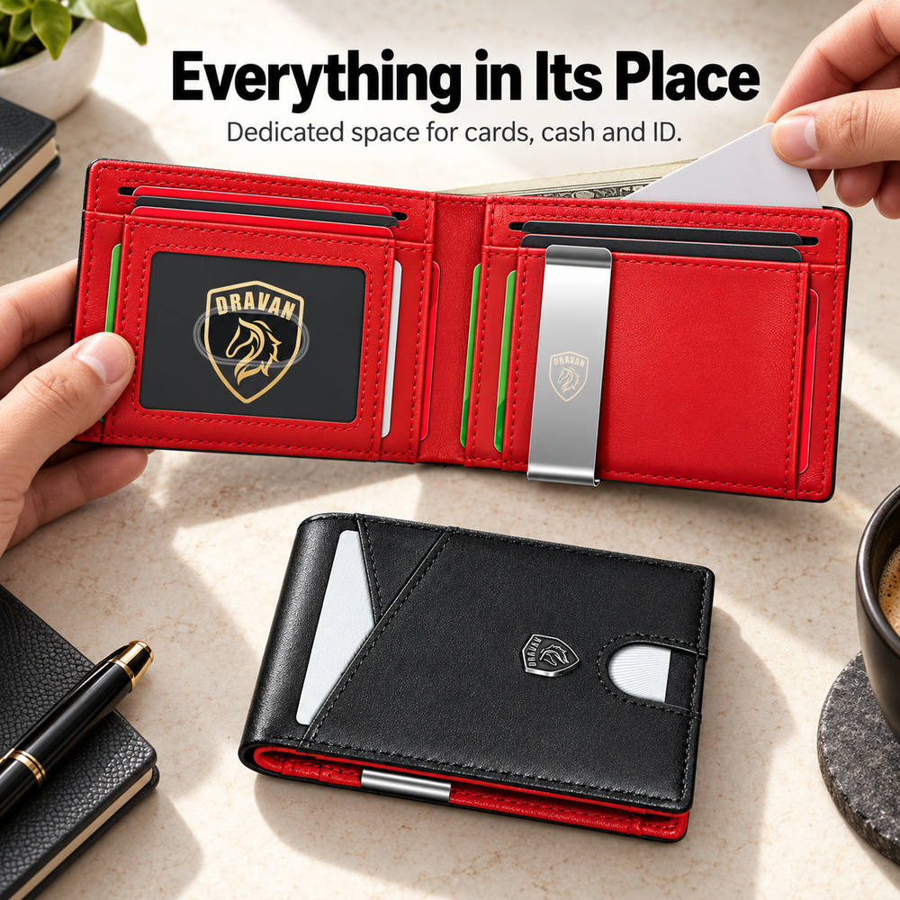 Open wallet showing card slots, ID window and cash storage