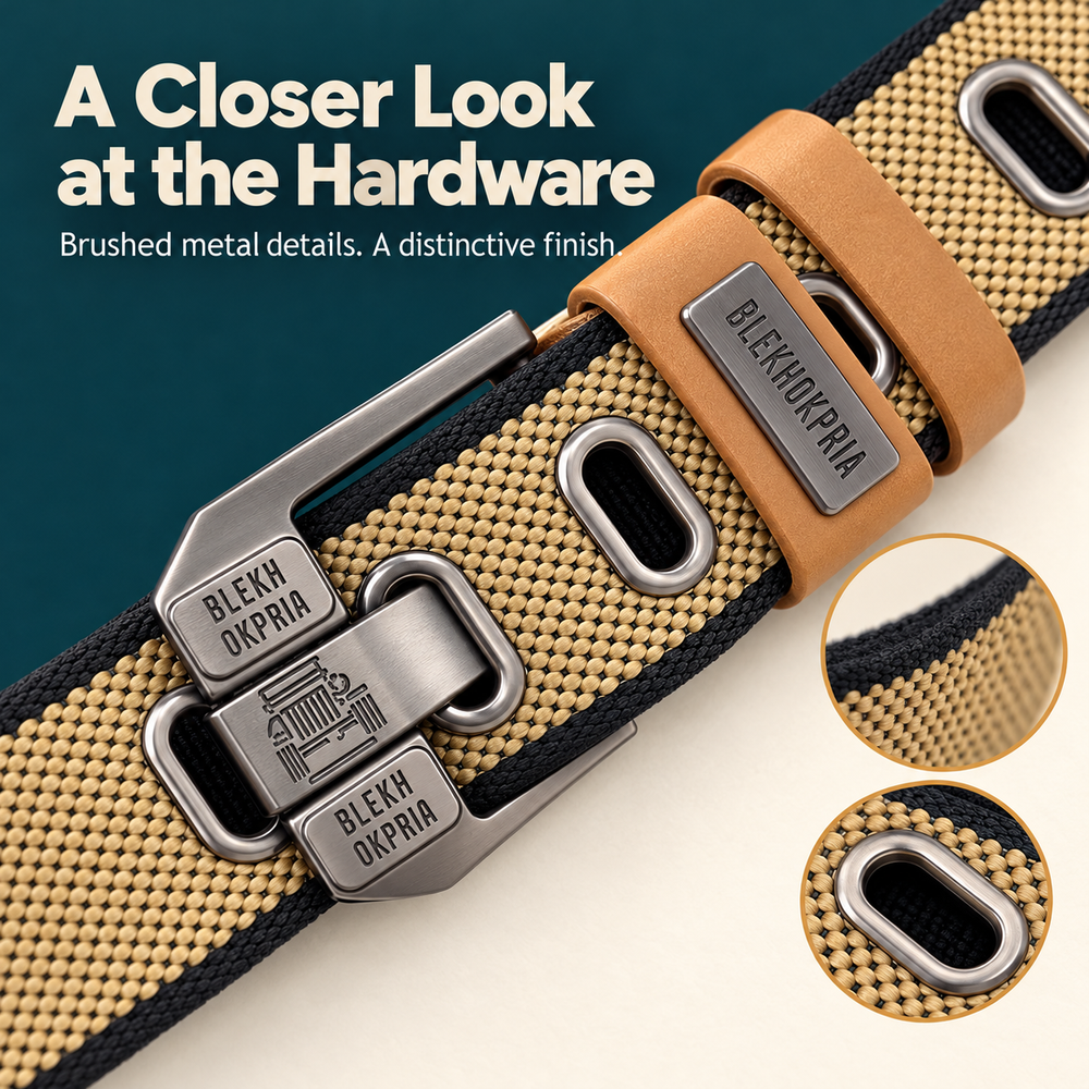 Detailed view of the canvas belt buckle, metal eyelets, and contrasting belt loops