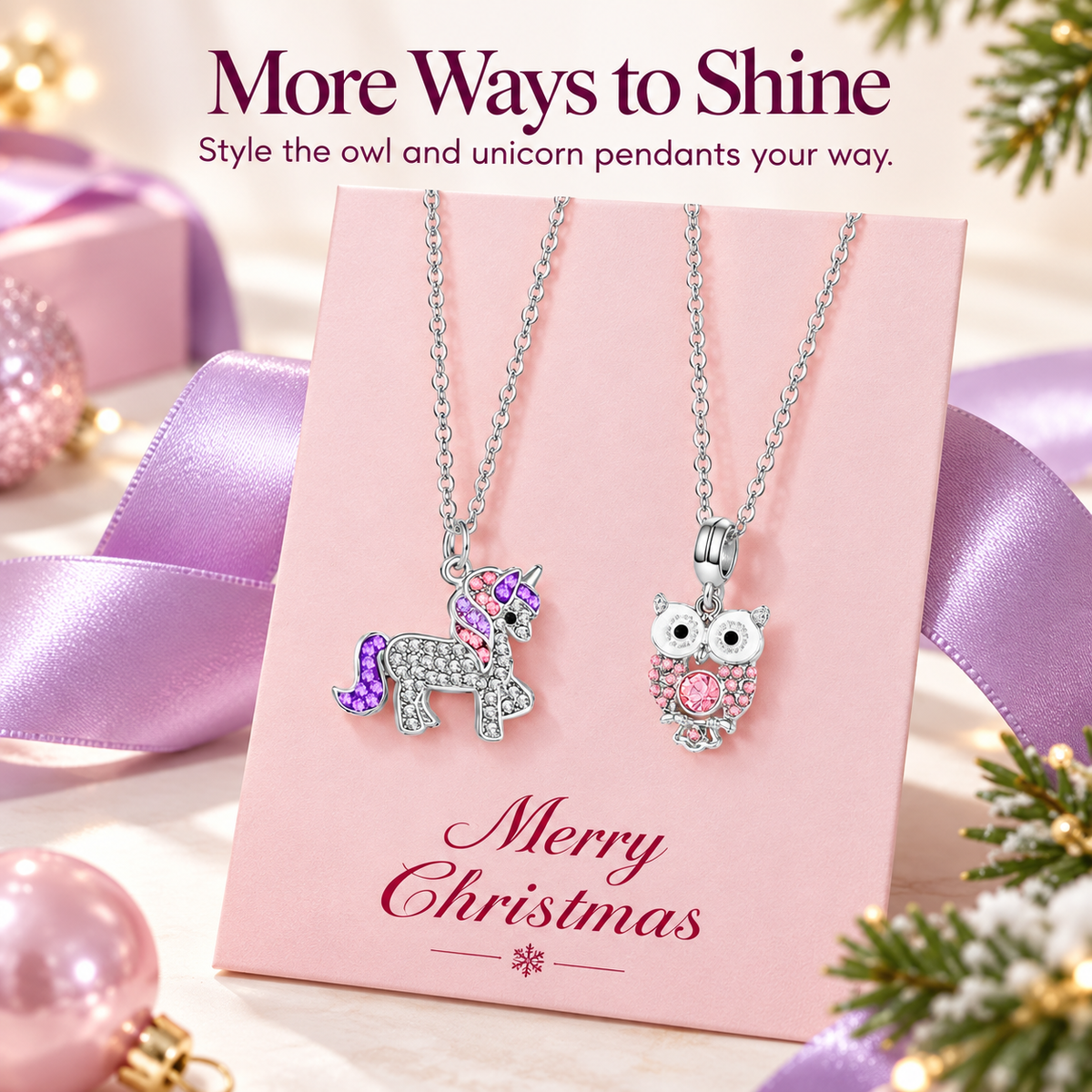 Decorative animal pendant necklaces displayed on a pink jewelry card
