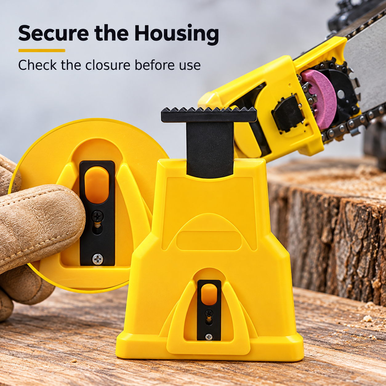 Chainsaw sharpener housing and closure mechanism