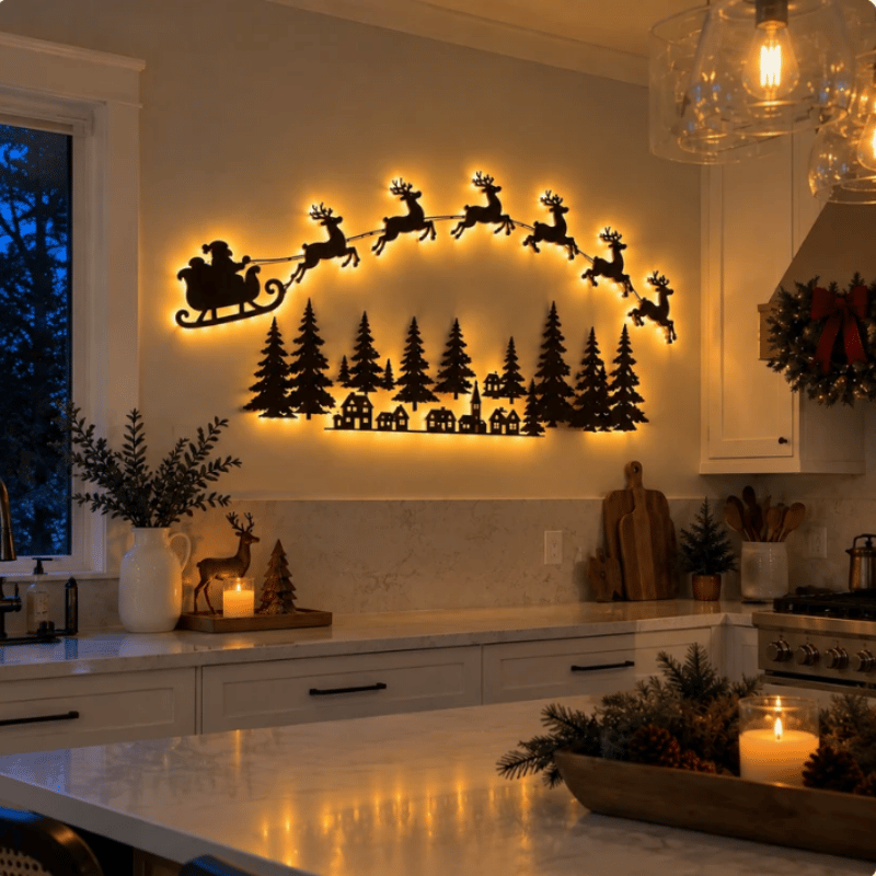 LED Christmas Santa Sleigh Wall Art, Illuminated Reindeer Silhouette Metal Sign, Warm Backlit Holiday Wall Decor