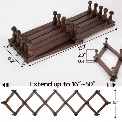 Accordion Peg Rack | 16 Hooks Expandable Wall Rack for Hats, Coat, Tools | Multi-Purpose Wooden Organizer Holds/Hangers Caps, Bag & Hoodies | Space Saving Room/Garage/Entryway Storage Solution (Brown)