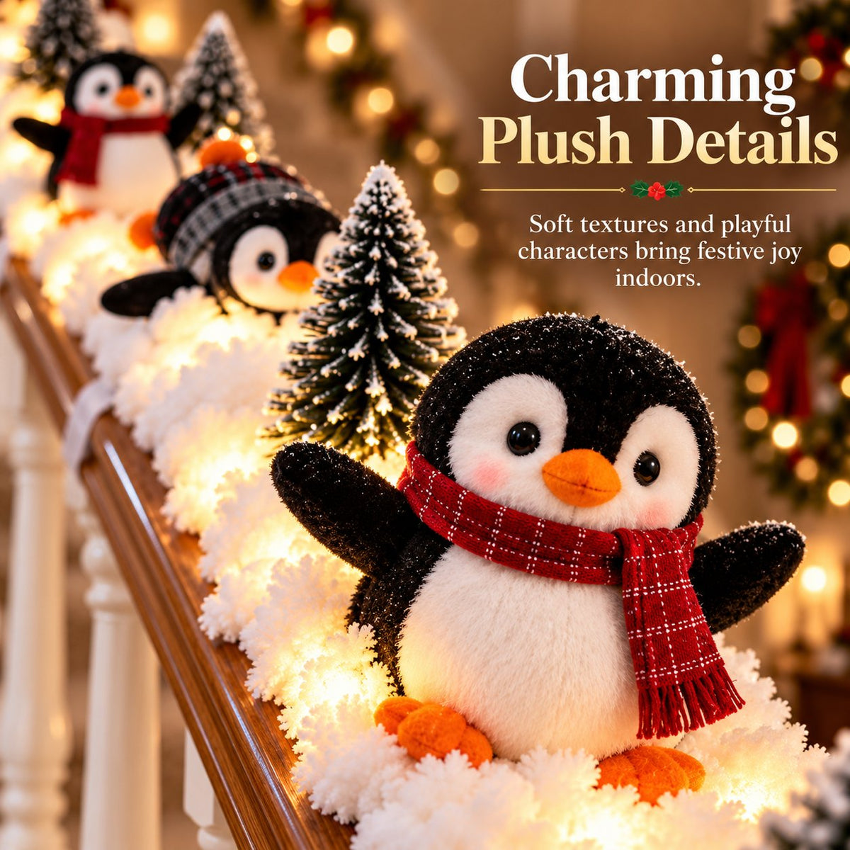 Playful Penguin Snowy Stair Railing Decor