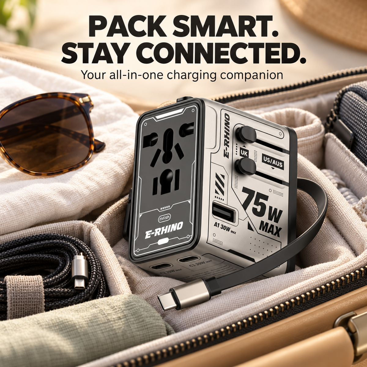 ⚡ 75W MAX All-in-One Travel Adapter – 5-Port Charging Hub with Built-In USB-C Cable 🌍🔌