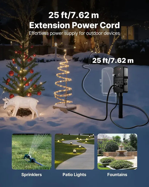 Outdoor Power Stake with 25FT Extension Cord – Weatherproof Outlet Strip with Protective Cover – Remote Control & Dusk to Dawn Light Timer for Christmas Lights 🏡✨