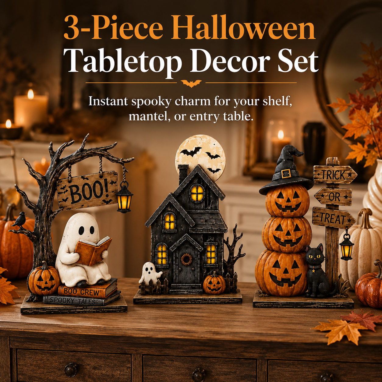 3-Piece Halloween Decor Set – Ghost, Haunted House & Pumpkins