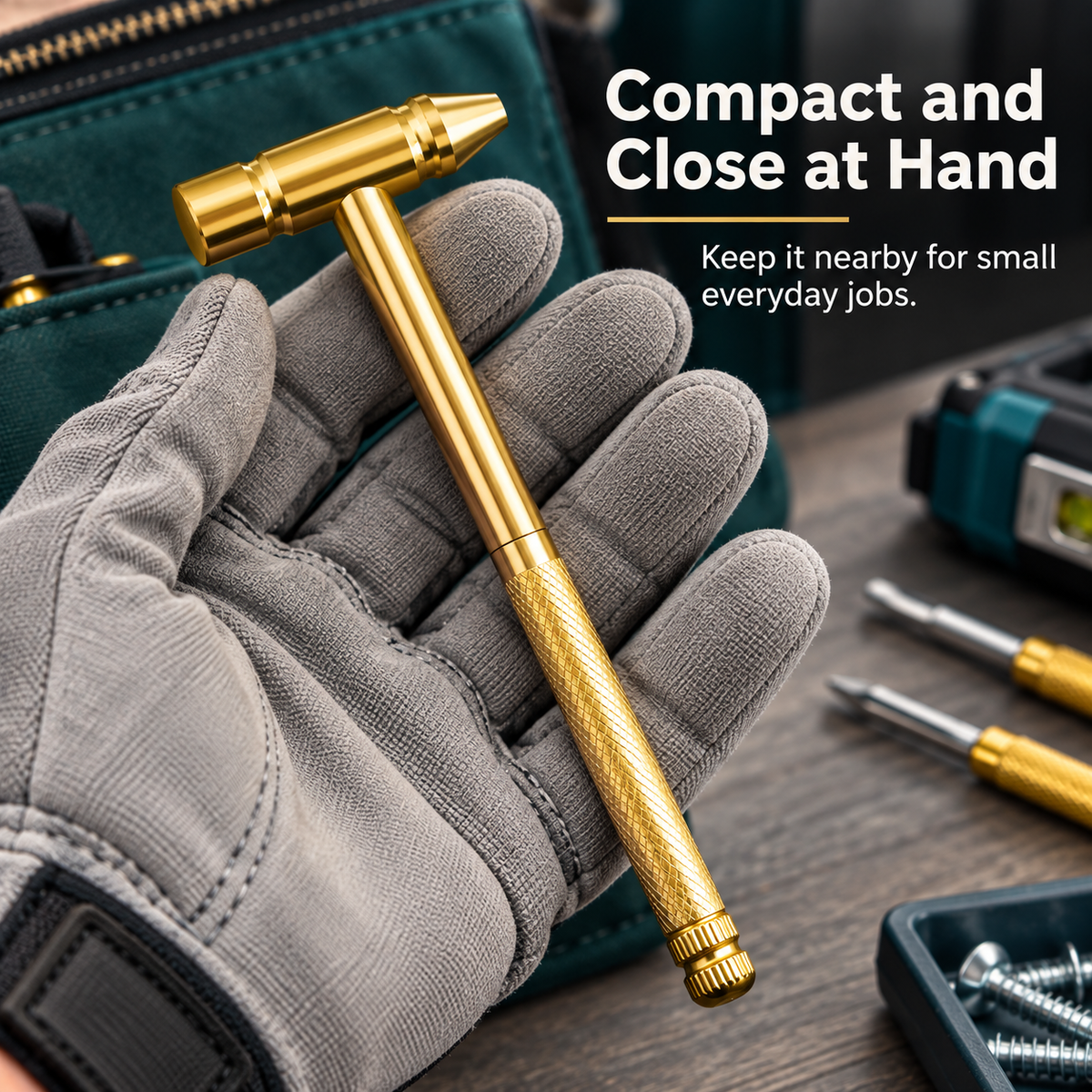 ✨ Golden Portable Multi-Tool Hammer with Nested Screwdriver Bits, Knurled Non-Slip Grip Mini Repair Hand Tool