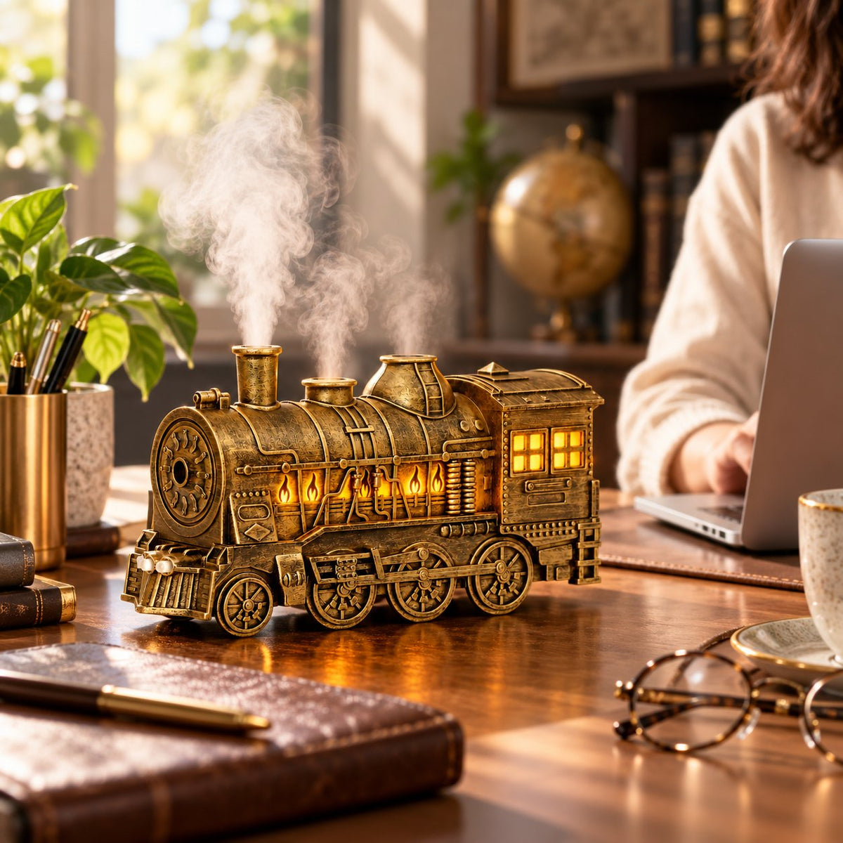 Vintage Steam Train Aromatherapy Diffuser with Simulated Flame Light Decor
