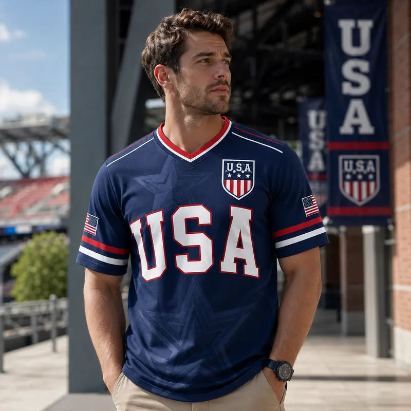 🇺🇸 USA Patriotic Soccer Jersey | American Flag & Statue of Liberty V-Neck Sports Tee 🗽⚽