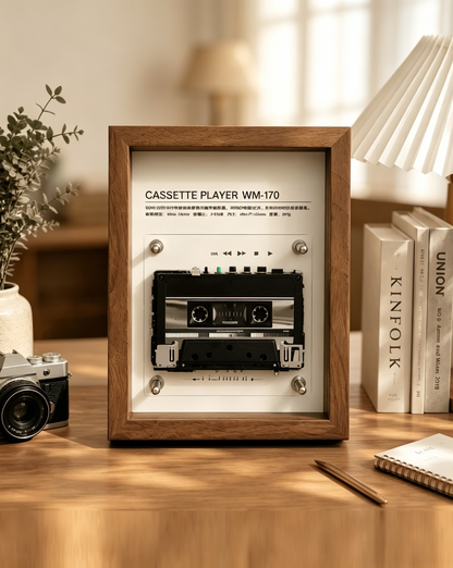 Vintage Cassette Player Frame with Functional Tape Playback & Retro Wall Art Design