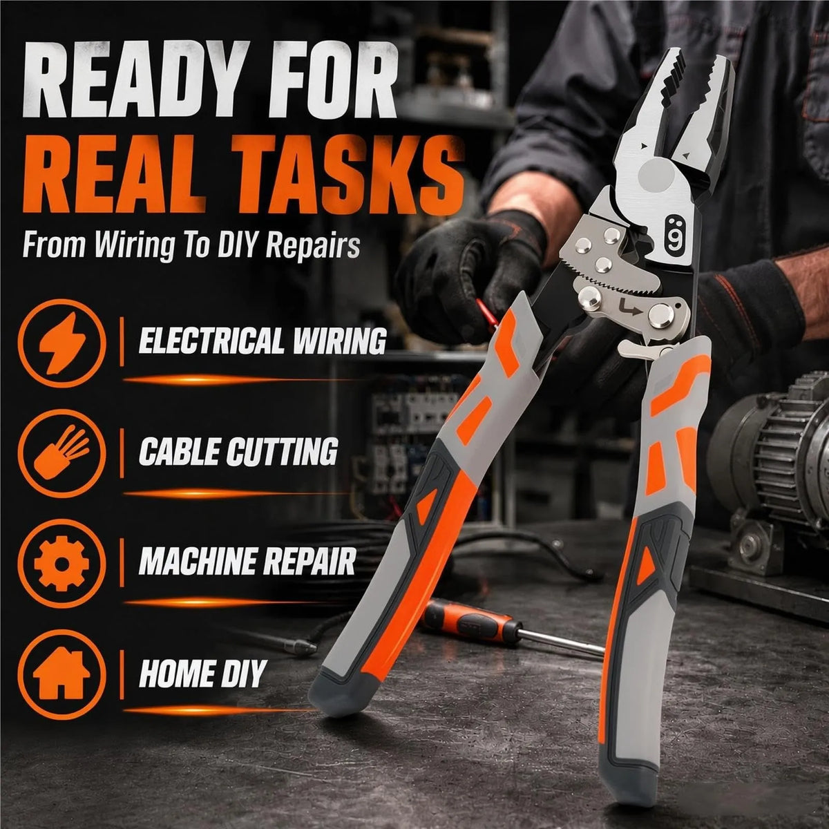 Ratchet pliers presented for electrical wiring cable cutting machine repair and home DIY