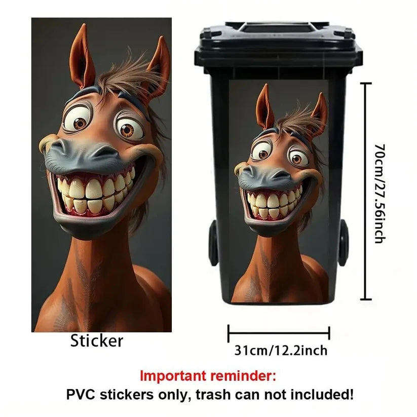 Size reference showing a sticker measuring 12.2 inches wide and 27.56 inches tall, with trash can not included