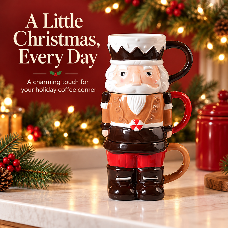Three nutcracker ceramic mugs stacked together as a Christmas display
