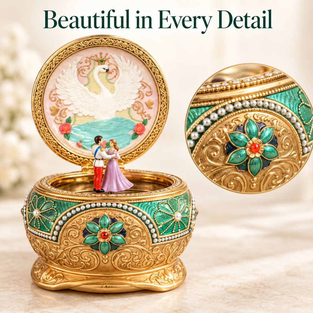 Close-up of intricate gold-tone scrollwork and green floral details on the music box