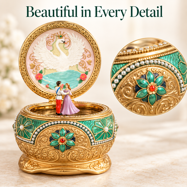 Intricate decorative finish on the swan lake music box