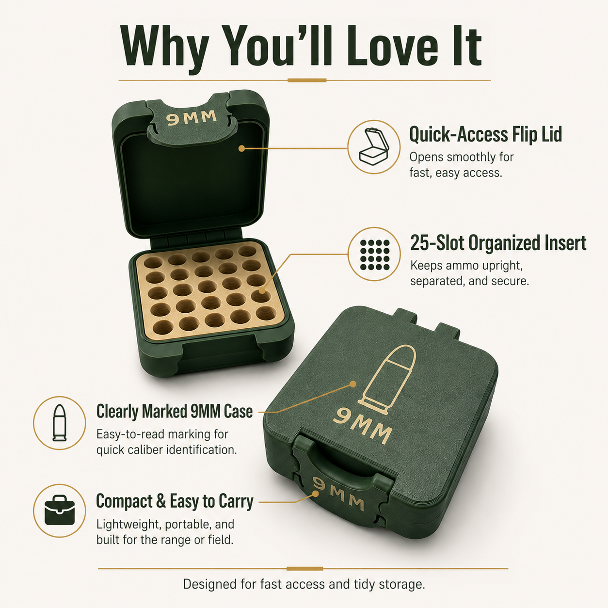 💥🔥Quick Access Ammo Storage Box – 50 Round Lift-Up Design Cartridge Organizer for Range & Storage