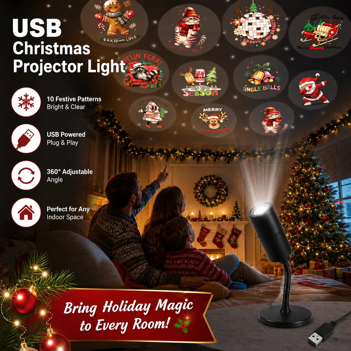 Plug-&-Play HD Christmas Projector – 6 or 10 Festive Scenes