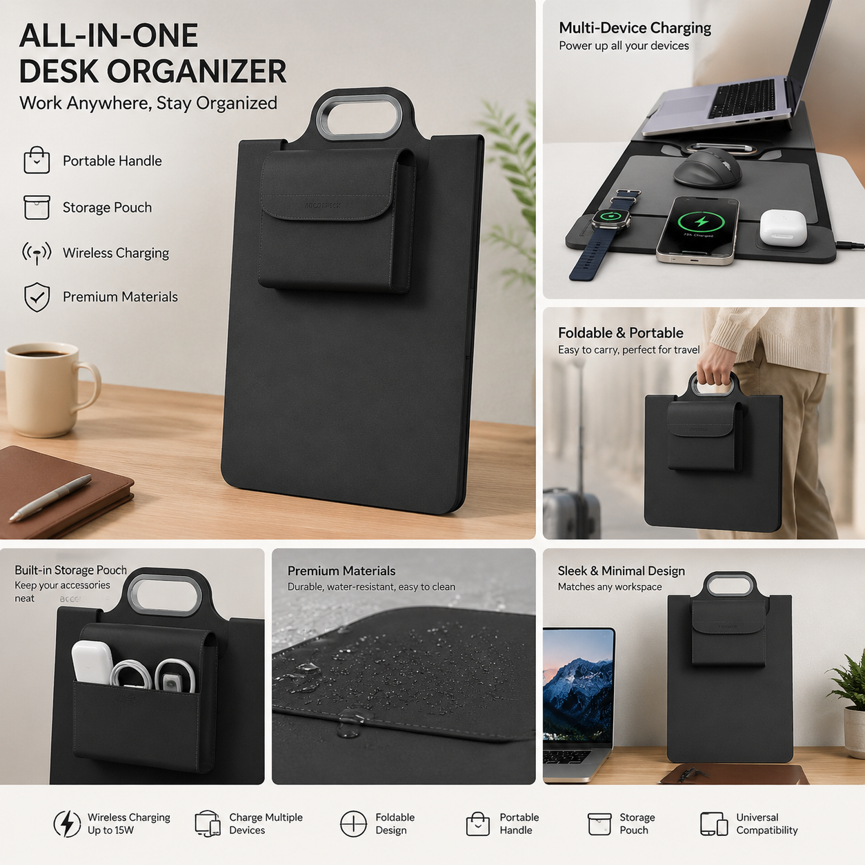 The All-In-One Mobile Workstation Sleeve | Built-In 15W Multi-Device Wireless Charger, Ergonomic Laptop Stand & Mousepad (Fits up to 16")