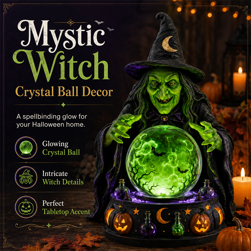 🔮🧙‍♀️Mystic Witch Crystal Ball Tabletop Lamp | Glowing Emerald LED Fortune Teller Statue with Spooky Sound, Swirling Bat Mist & Hand-Painted Resin Detail