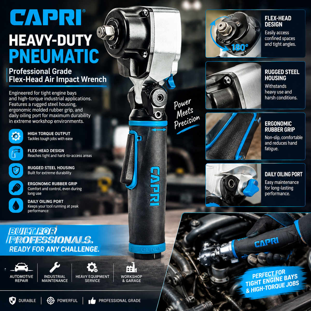 🔧Capri Tools 1/2 in. Flex-Head Air Angle Impact Wrench, 400 ft. lbs.