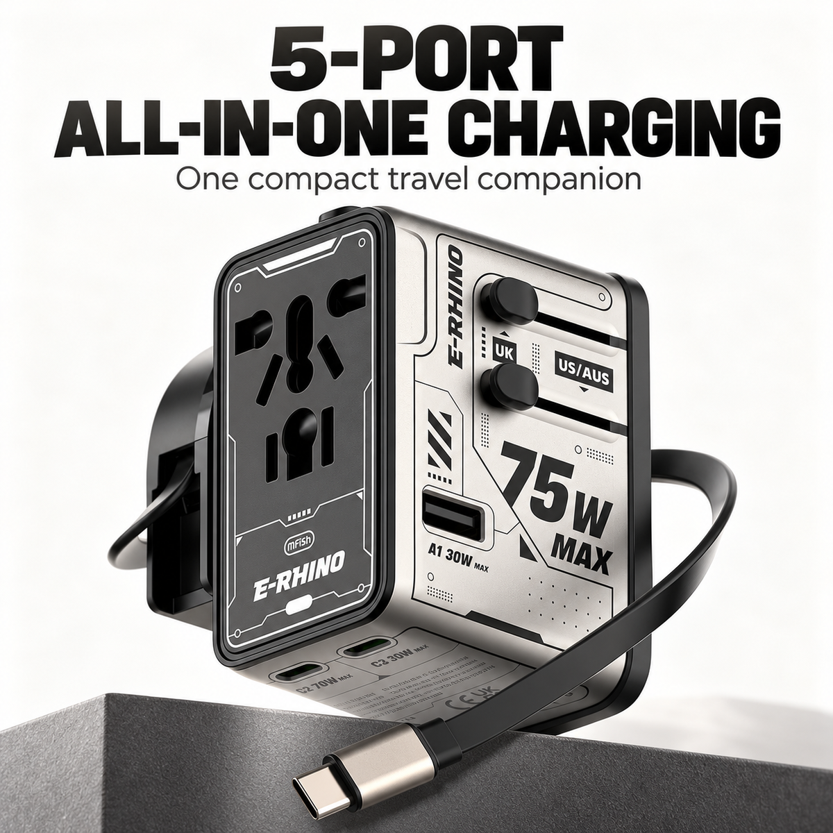 ⚡ 75W MAX All-in-One Travel Adapter – 5-Port Charging Hub with Built-In USB-C Cable 🌍🔌